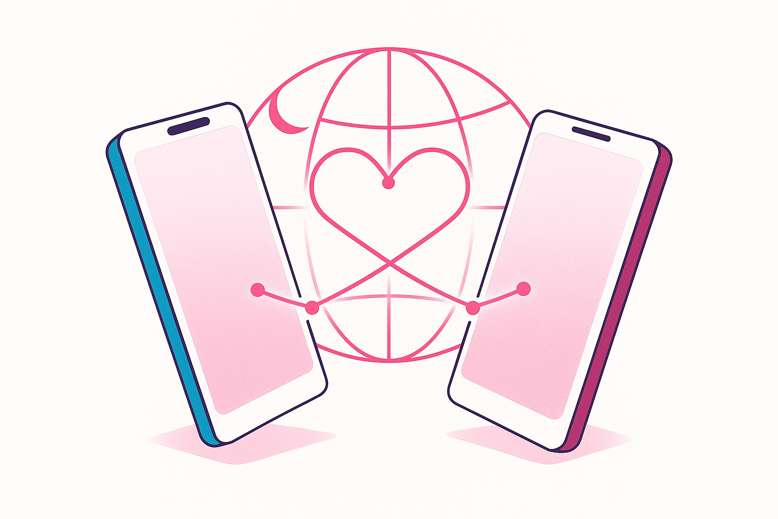 Two smartphones linked by a heart-shaped network